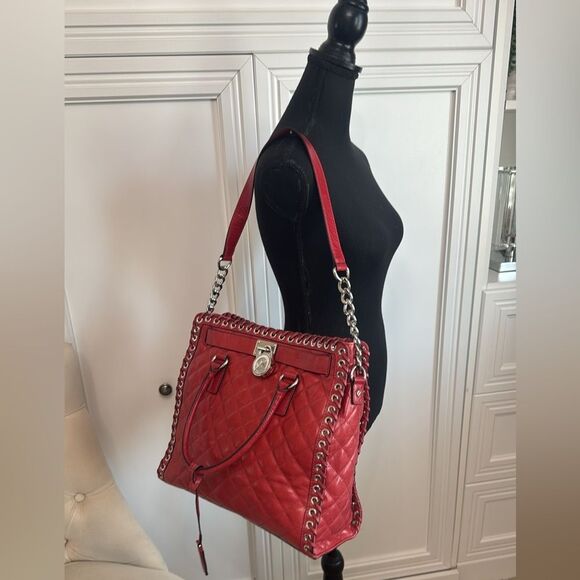 Michael Kors Red Quilted Leather Hamilton Large Tote Bag Shoulder Bag - Picture 2 of 13